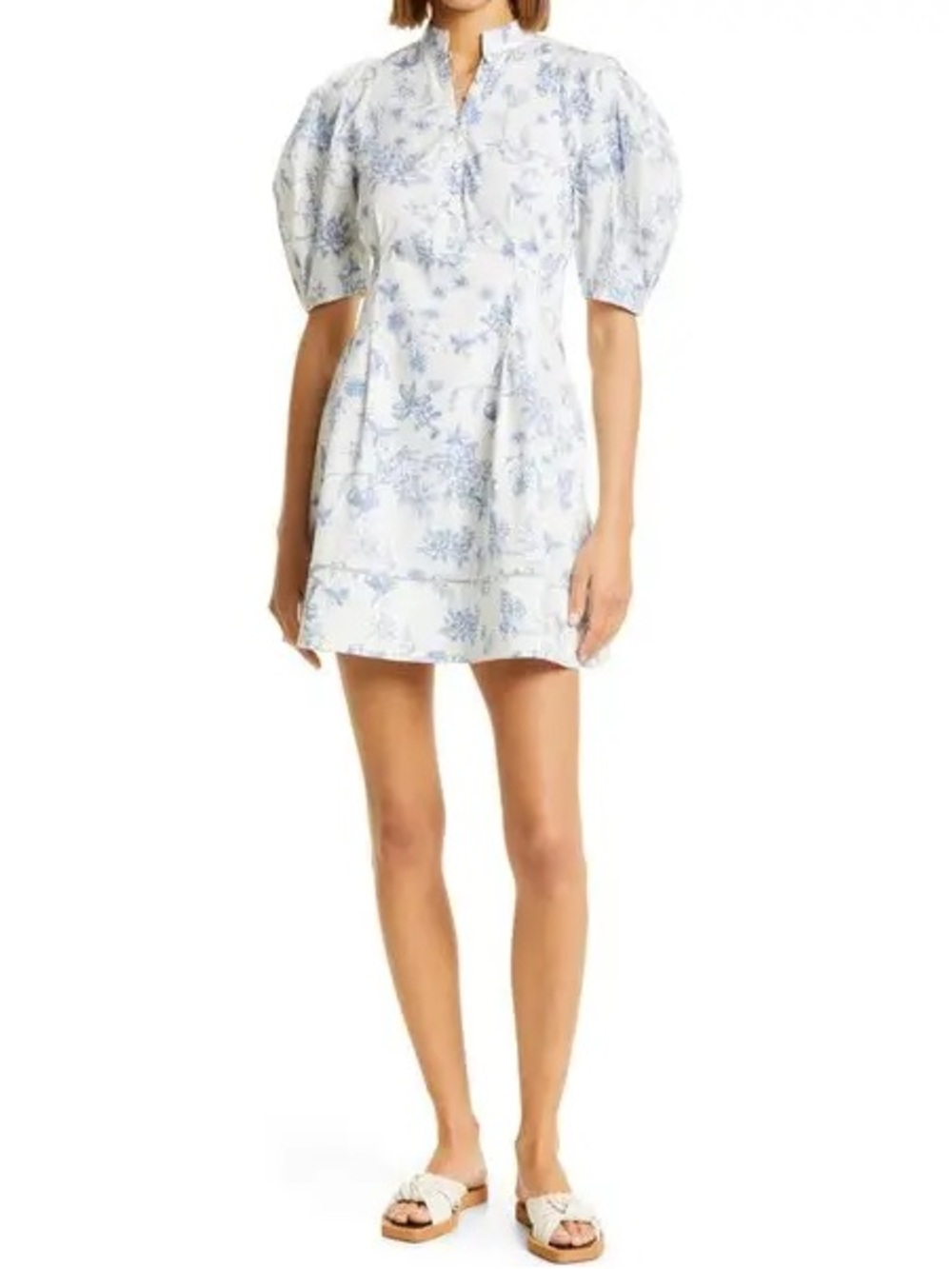 Club Monaco White Puff Sleeve Mini Dress with Light Blue Floral Print
